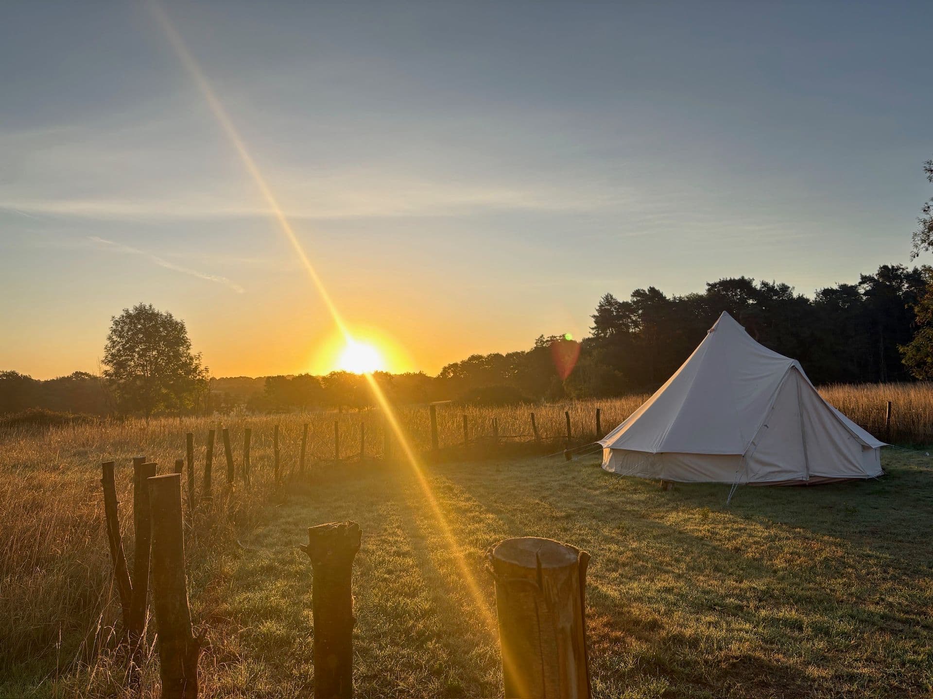 Bell tent in a peaceful field at golden hour sunset